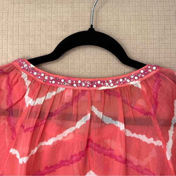 Chicos Semi Sheer Long Sleeve Tunic Top Womens Size 2 (large) Beaded Pink/Orange - Picture 6 of 13